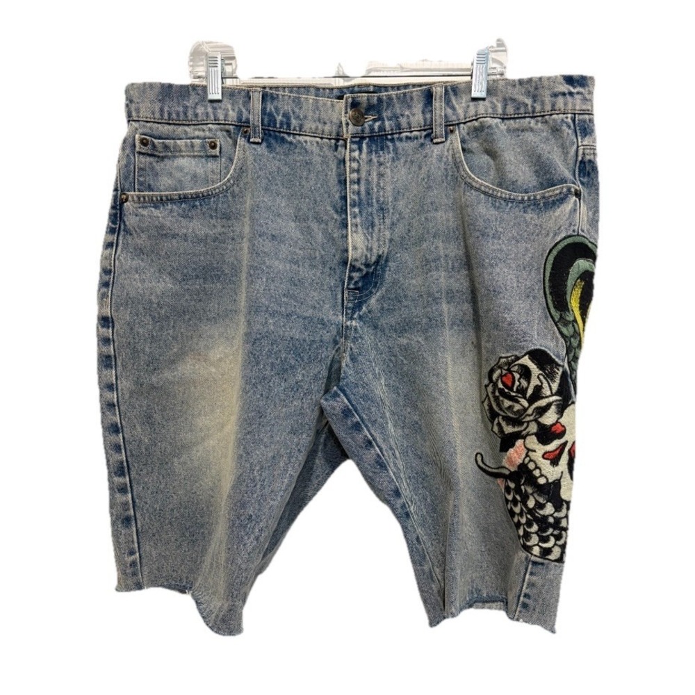 Ed Hardy Blue Relaxed Jeans with Distressed Details Skull and Snake Print Sz 38